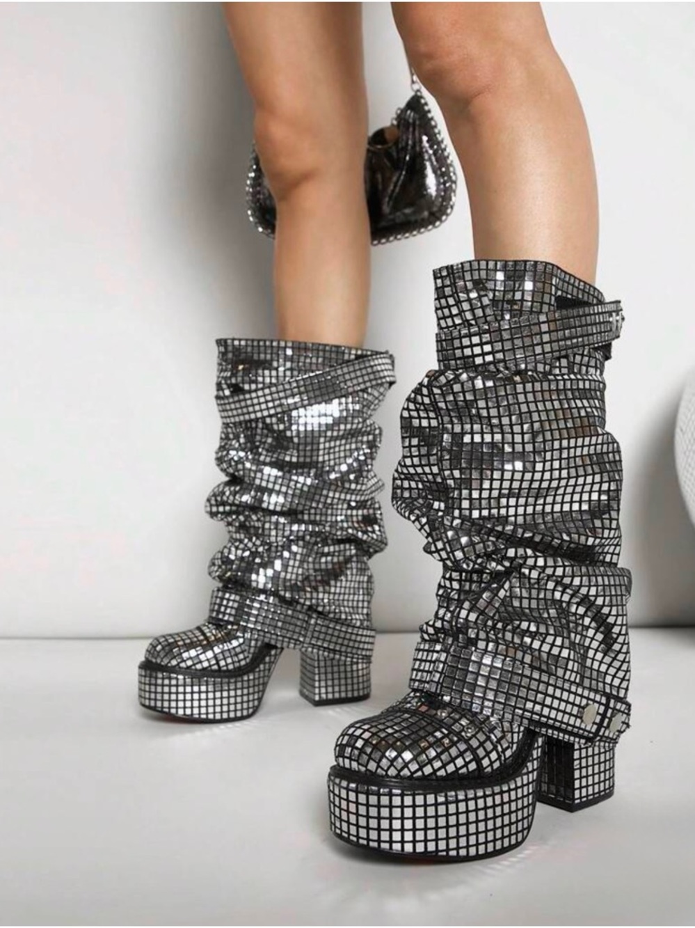 Silver Sequin Slouch Platform Mid-Calf Boots - Women